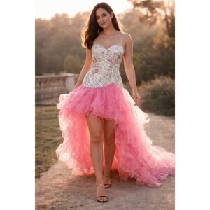 Splash Strapless Mini High Low Prom Dress Pink Tulle Ruffle Formal Size 10 Fairy